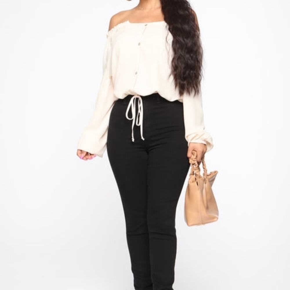 Off-The-Shoulder Button-Down Crop Top - Cream - Boho Chic Minimalist XL